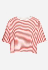 Born2be - Czerwony Bawełniany T-shirt o Oversizowym Krótkim Fasonie w Cienkie Paski Lakrida. Okazja: na co dzień. Kolor: czerwony. Materiał: bawełna. Długość: krótkie. Wzór: paski. Styl: casual, klasyczny #2