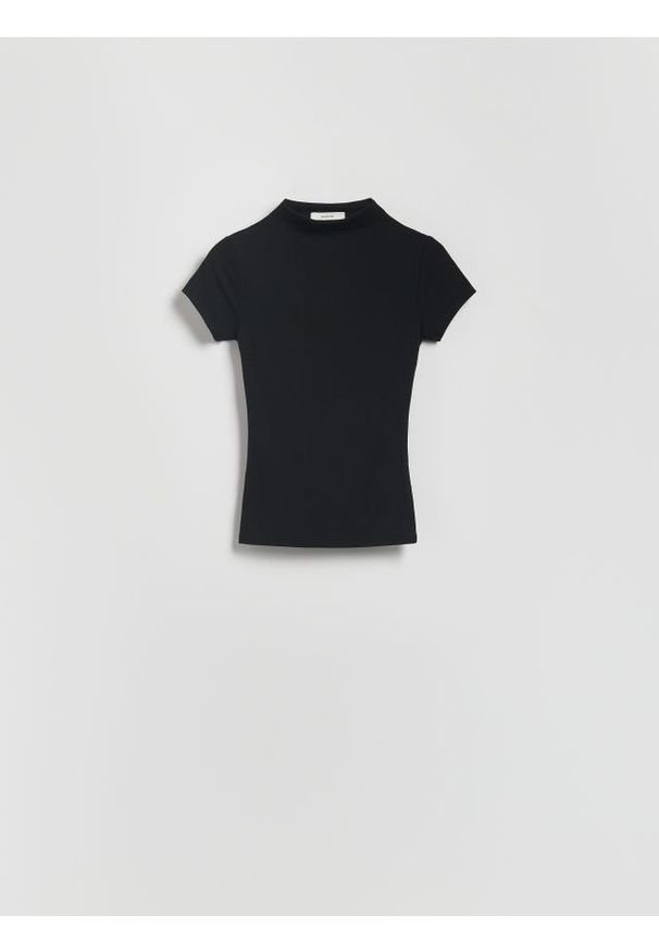 Reserved - T-shirt slim fit z wiskozą - czarny. Kolor: czarny. Materiał: wiskoza