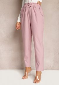 Renee - Różowe Spodnie Paper Bag z Elastyczną Talią i Sznurkiem Klemiordia. Kolor: różowy