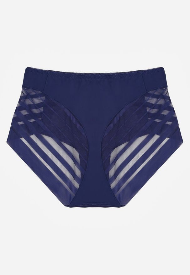 Renee - Granatowe Siateczkowe Majtki Figi High Waist z Koronkowymi Zdobieniami Heylih. Stan: podwyższony. Kolor: niebieski. Materiał: koronka. Wzór: aplikacja
