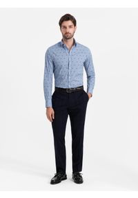 Ombre Clothing - Klasyczna męska bawełniana koszula SLIM FIT w kraby - jasnoniebieska V6. Typ kołnierza: kołnierzyk klasyczny. Kolor: niebieski. Materiał: bawełna. Długość rękawa: długi rękaw. Długość: długie. Wzór: nadruk. Styl: klasyczny