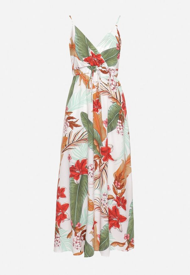 Born2be - Biało-Zielona Sukienka z Wiskozy o Rozkloszowanym Kroju i Kopertowym Dekolcie na Ramiączkach Gilinestia. Okazja: na co dzień. Kolor: biały. Materiał: wiskoza. Długość rękawa: na ramiączkach. Sezon: lato. Typ sukienki: kopertowe. Styl: casual