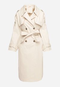 Born2be - Beżowy Dwurzędowy Płaszcz Trencz z Wiązanym Paskiem Rozcięciem i Klapą Terezi. Okazja: na co dzień. Kolor: beżowy. Materiał: jeans. Styl: casual, elegancki, klasyczny #6