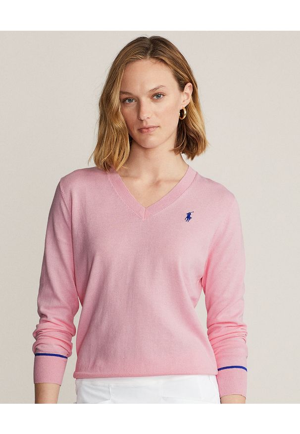 Ralph Lauren - RALPH LAUREN - Różowy sweter z logo. Typ kołnierza: polo. Kolor: różowy, wielokolorowy, fioletowy. Materiał: bawełna. Styl: klasyczny