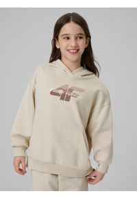 4f - 4F Bluza dresowa regular z kapturem dziewczęca - beżowa 164 (13-14 lat). Okazja: na spacer, na co dzień, na uczelnię. Typ kołnierza: kaptur. Kolor: beżowy. Materiał: dresówka. Sezon: lato. Styl: casual, klasyczny #1
