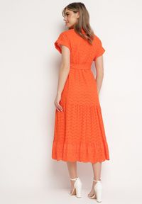 Born2be - Pomarańczowa Sukienka Bawełniana z Ażurowym Wzorem i Wiązanym Paskiem Kelilena. Okazja: na co dzień. Kolor: pomarańczowy. Materiał: bawełna. Długość rękawa: krótki rękaw. Wzór: ażurowy. Typ sukienki: rozkloszowane. Styl: retro, casual, elegancki #2