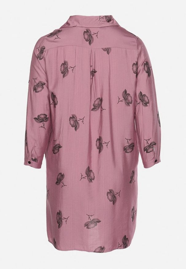 Born2be - Ciemnoróżowa Koszulowa Sukienka z Guzikami i Regulowanymi Rękawami Xatella. Kolekcja: plus size. Kolor: różowy. Wzór: kwiaty. Typ sukienki: koszulowe