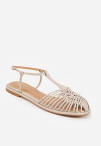 Born2be - Ciemnobeżowe Płaskie Sandały VICES z Paskiem w Kształcie T i Zakrytym Noskiem Ciradyl. Okazja: na co dzień, do pracy, na spotkanie biznesowe. Zapięcie: pasek. Kolor: beżowy. Materiał: jeans, len. Styl: casual, biznesowy #2