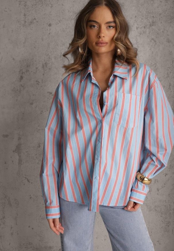 Renee - Niebieska Koszula z Bawełny Oversize w Pionowe Paski Telaria. Kolor: niebieski. Materiał: bawełna. Wzór: paski