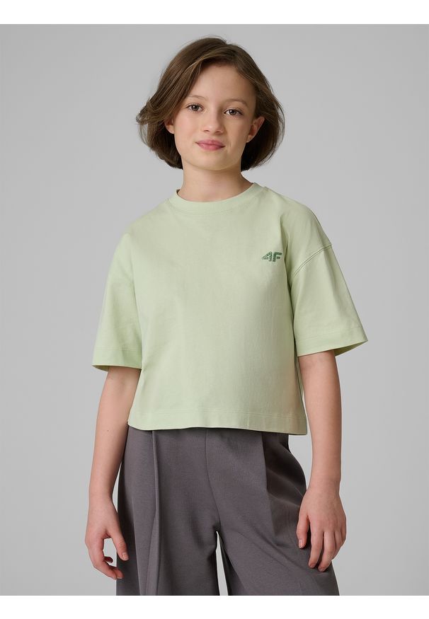 4f - 4F T-shirt loose gładki dziewczęcy - zielony 134/140 (8-10 lat). Okazja: na spacer, na co dzień, na uczelnię. Kolor: turkusowy. Materiał: dzianina, bawełna, skóra, materiał. Wzór: gładki. Sezon: lato. Styl: casual