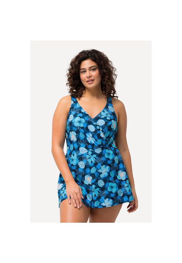 ULLA POPKEN - Damska Sukienka Kąpielowa wzór w kwiaty miękkie miseczki w kopertowym stylu. Kolekcja: plus size. Kolor: niebieski. Materiał: elastan, poliamid, materiał. Wzór: kwiaty