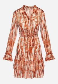 Born2be - Pomarańczowa Sukienka Mini Ozdobiona Falbankami i Akwarelowym Wzorem Panava. Typ kołnierza: kołnierz z falbankami. Kolor: pomarańczowy. Długość rękawa: długi rękaw. Wzór: aplikacja. Długość: mini #6