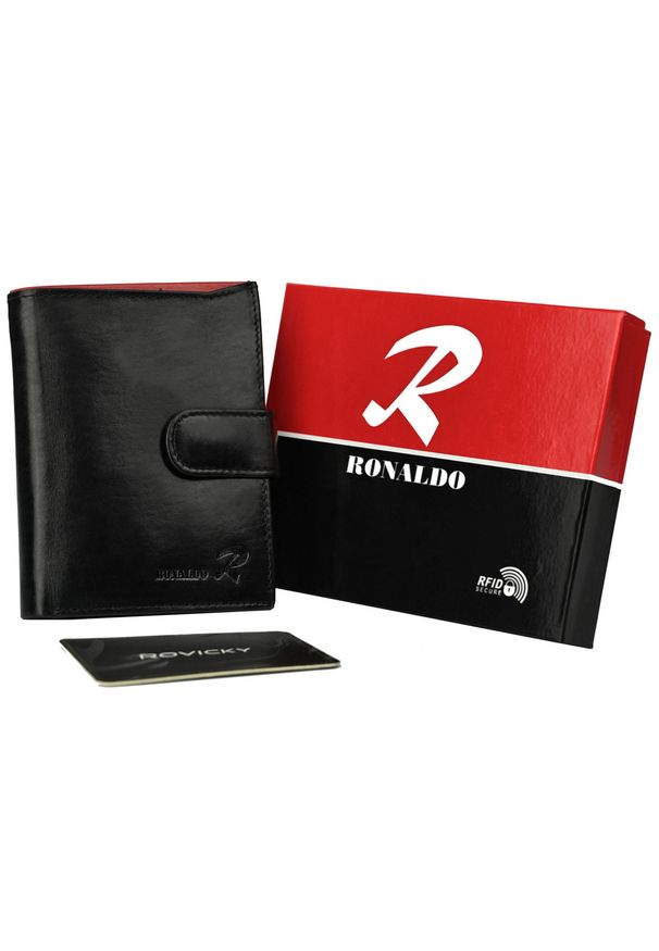 Portfel czarny na zatrzask Ronaldo N4L-VT BLACK-RED. Kolor: czarny. Materiał: skóra