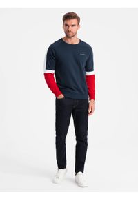 Ombre Clothing - Trójkolorowa męska dresowa bluza z raglanowymi rękawami – granatowa V2 - Rozmiar: XL. Okazja: na co dzień. Kolor: niebieski. Materiał: dresówka. Długość rękawa: raglanowy rękaw. Wzór: nadruk. Styl: sportowy, casual #3