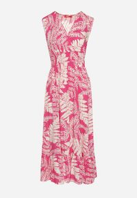 Born2be - Fuksjowa Wiskozowa Sukienka o Rozkloszowanym Kroju z Gumką w Pasie i Dekoltem w Serek Denesta. Okazja: na co dzień. Typ kołnierza: dekolt w serek. Kolor: różowy. Materiał: wiskoza. Styl: boho, casual, elegancki #6