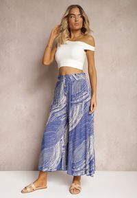 Renee - Niebieskie Szerokie Spodnie 7/8 High Waist z Wiskozy Wykończone Gumką w Pasie Risallni. Stan: podwyższony. Kolor: niebieski. Materiał: wiskoza. Sezon: lato