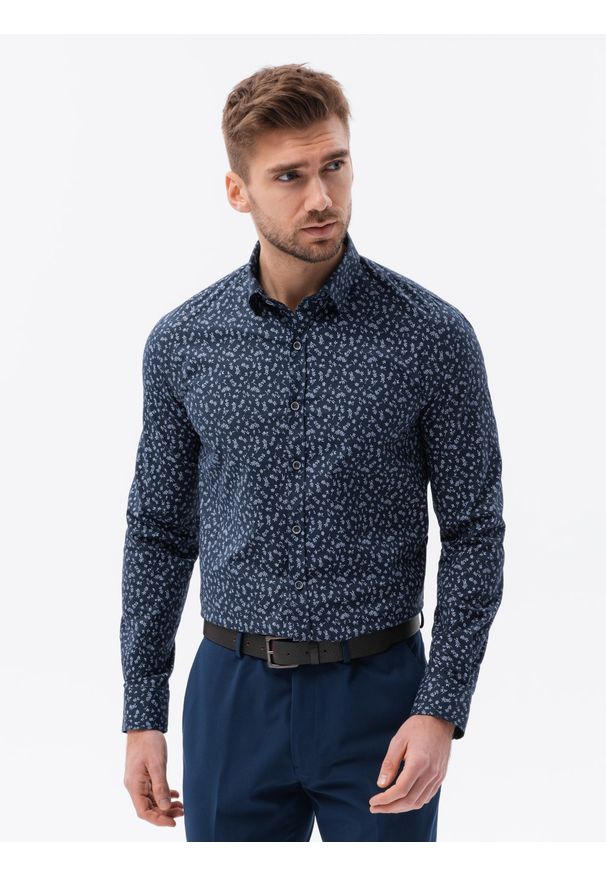 Ombre Clothing - Koszula męska z drobnym printem w listki REGULAR FIT - granatowa V7 K627 - XL. Kolor: niebieski. Materiał: bawełna, poliester, elastan. Wzór: nadruk