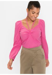 bonprix - Shirt z ozdobnymi paskami. Kolor: różowy. Wzór: prążki