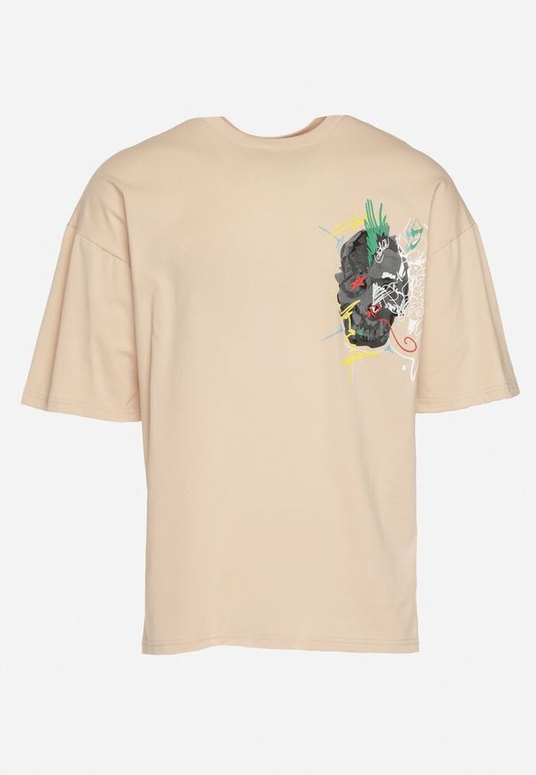 Born2be - Beżowa Koszulka z Krótkim Rękawem T-Shirt z Nadrukiem z Przodu i na Plecach Franestia. Okazja: na co dzień. Kolor: beżowy. Materiał: jeans. Długość rękawa: krótki rękaw. Długość: krótkie. Wzór: nadruk. Styl: casual, elegancki