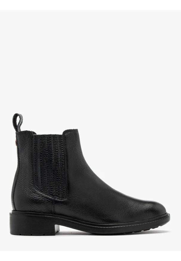 Ryłko - Sztyblety damskie z dekoracyjnymi naszyciami na gumie. Nosek buta: okrągły. Kolor: czarny. Materiał: skóra. Szerokość cholewki: normalna. Wzór: aplikacja. Styl: street