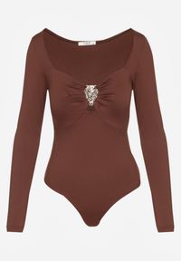 Renee - Brązowe Body z Metaliczną Ozdobą Aferriva. Okazja: na co dzień. Kolor: brązowy. Długość: długie. Wzór: aplikacja. Styl: casual, elegancki #3