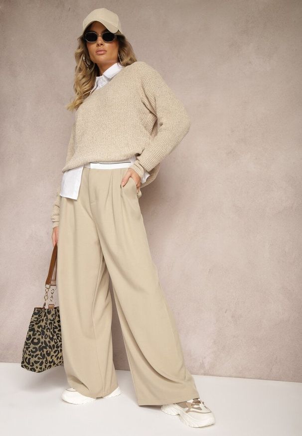 Renee - Beżowe Spodnie z Wiskozy Palazzo High Waist Zapinane na Suwak Nellieva. Okazja: na co dzień. Stan: podwyższony. Kolor: beżowy. Materiał: wiskoza. Styl: casual