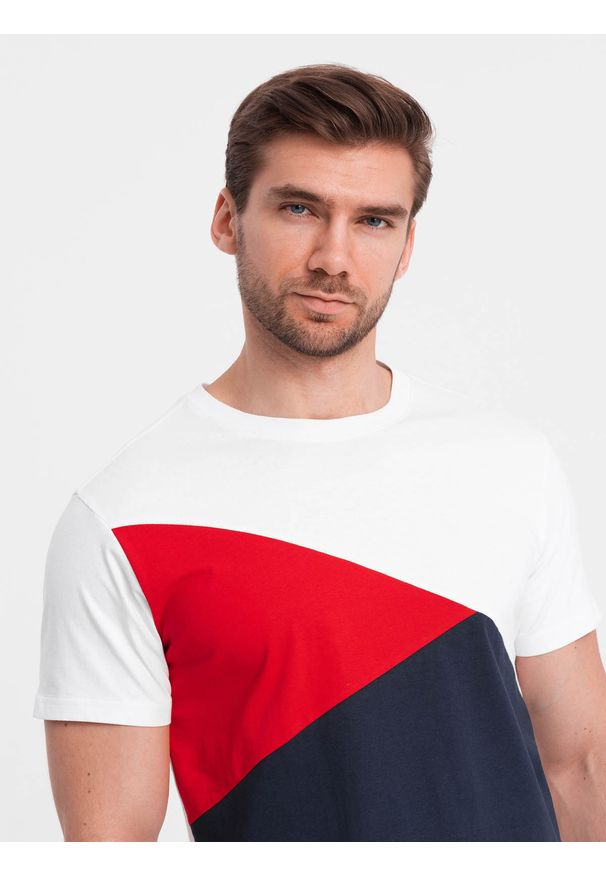 Ombre Clothing - Trójkolorowy t-shirt męski bawełniany - biało-granatowy V3. Okazja: na co dzień. Kolor: biały. Materiał: bawełna. Wzór: geometria. Styl: casual, klasyczny