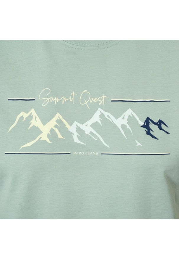 Męska Koszulka (T-Shirt) - Pako Jeans -Jasna Mięta, Górski Nadruk. Okazja: na co dzień. Materiał: bawełna. Wzór: nadruk. Styl: casual