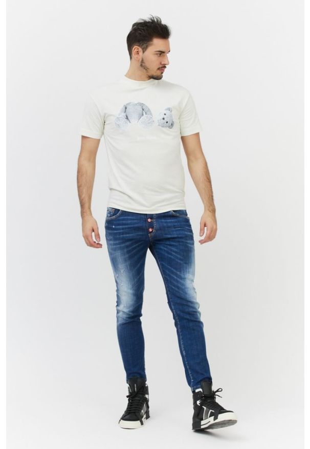 PALM ANGELS Biały t-shirt męski z misiem, Rozmiar XXS. Kolor: biały. Materiał: prążkowany. Wzór: nadruk