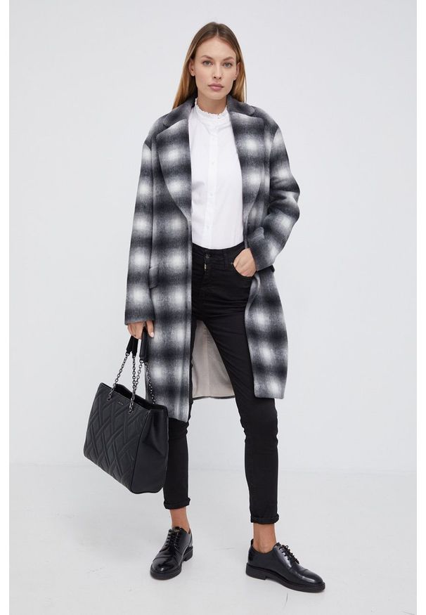 JOOP! - Joop! Płaszcz z domieszką wełny kolor szary przejściowy oversize. Kolor: szary. Materiał: wełna. Wzór: aplikacja. Styl: klasyczny