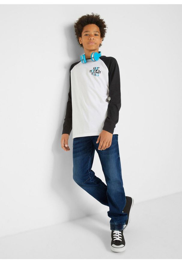 bonprix - Dżinsy dresowe chłopięce o kroju regular fit, tapered. Okazja: na co dzień, na uczelnię. Kolor: niebieski. Styl: casual