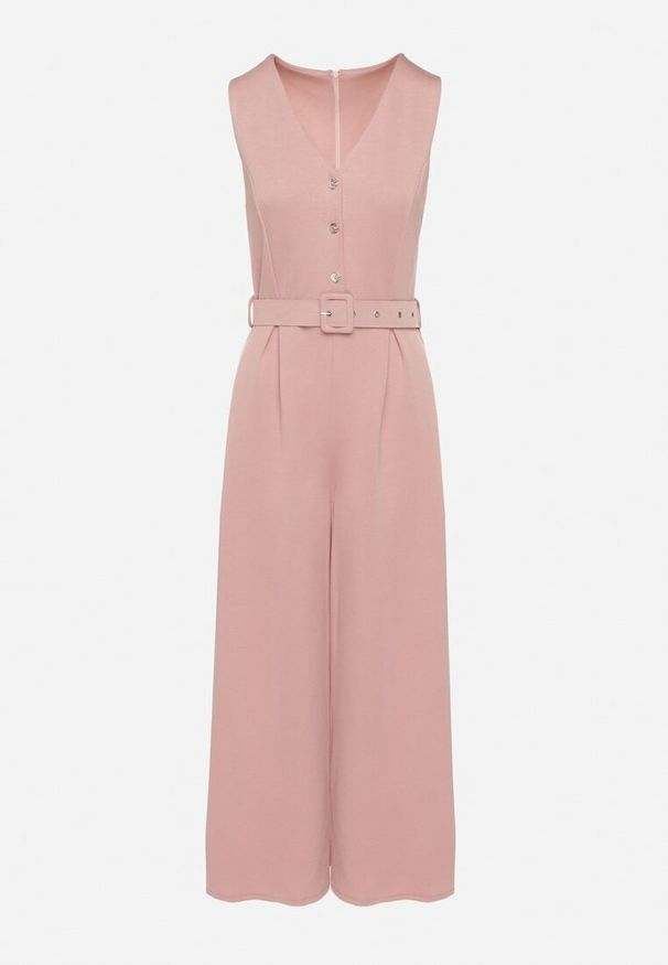 Born2be - Różowy Taliowany Kombinezon z Wiskozą Ozdobiony Paskiem Ralinelle. Okazja: na imprezę. Kolor: różowy. Materiał: wiskoza. Wzór: aplikacja. Styl: klasyczny, elegancki