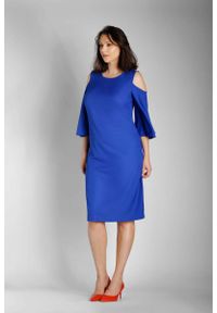 Nommo - Niebieska Prosta Midi Sukienka z Rozkloszowanym Rękawem PLUS SIZE. Kolekcja: plus size. Kolor: niebieski. Materiał: poliester, wiskoza. Typ sukienki: proste, dla puszystych. Długość: midi #1