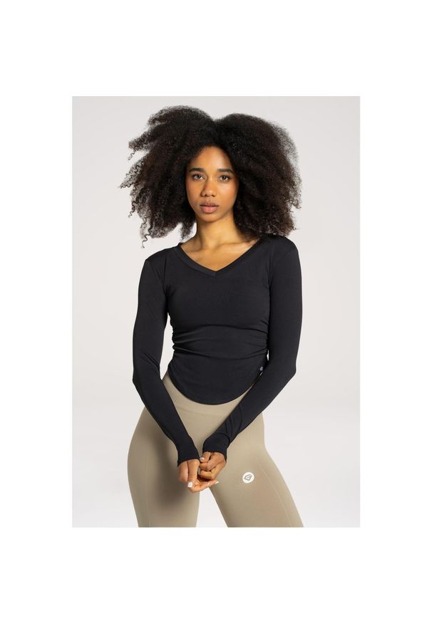 GYM GLAMOUR - Koszulka fitness damska Gym Glamour wycięta z długimi rękawami. Kolor: czarny. Długość rękawa: długi rękaw. Długość: długie. Sport: fitness