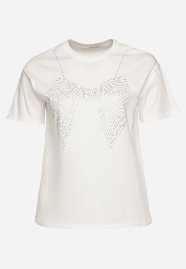 Born2be - Biały T-shirt ze Wzorem z Cyrkonii Olisellea. Okazja: na co dzień. Kolor: biały. Materiał: bawełna. Styl: casual