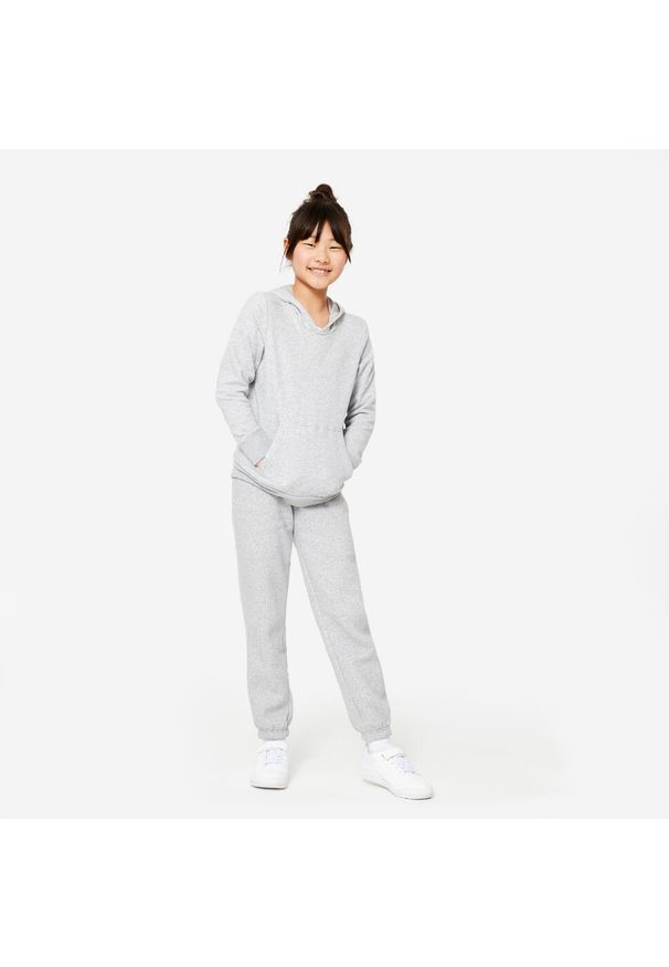 DOMYOS - Bluza dziecięca Domyos z kapturem. Typ kołnierza: kaptur. Kolekcja: plus size. Kolor: szary. Materiał: bawełna, materiał. Sport: joga i pilates