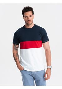 Ombre Clothing - T-shirt męski trójkolorowy w szerokie pasy - granatowo-biały V1 OM-TSCT-0152 - XXL. Okazja: na co dzień. Kolor: niebieski. Materiał: materiał, bawełna. Wzór: aplikacja. Styl: casual, elegancki #4