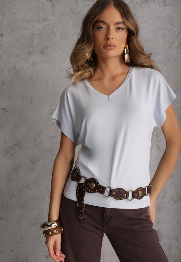 Renee - Niebieski Wiskozowy T-shirt z Dekoltem V Eupharis. Okazja: na co dzień. Typ kołnierza: dekolt w kształcie V. Kolor: niebieski. Materiał: wiskoza. Styl: casual, elegancki