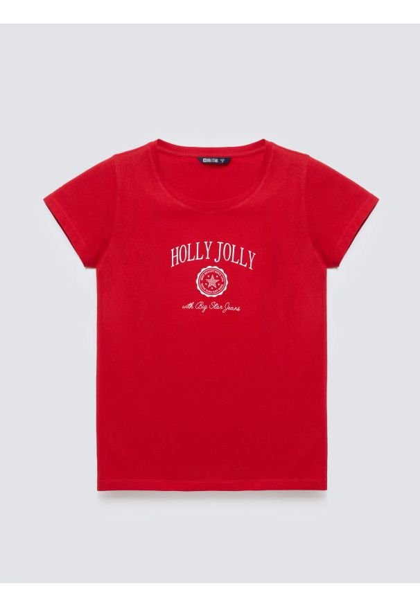 Big-Star - Koszulka damska z nadrukiem czerwona Serra 603. Okazja: na co dzień. Kolor: czerwony. Materiał: dzianina, jeans. Długość rękawa: krótki rękaw. Długość: krótkie. Wzór: nadruk. Sezon: zima. Styl: wizytowy, casual, retro, klasyczny