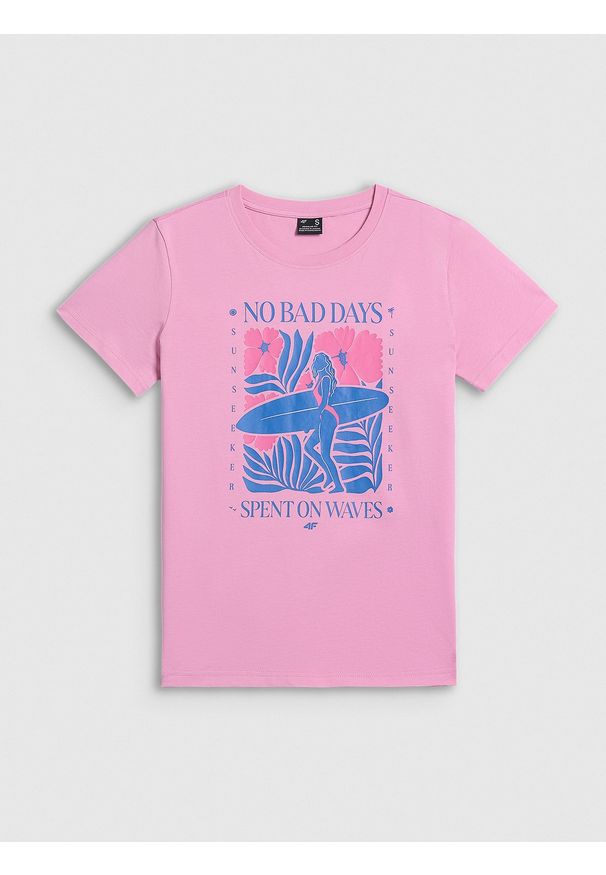 4f - 4F T-shirt regular z nadrukiem damski - różowy XS. Okazja: na co dzień. Kolor: różowy. Materiał: materiał, bawełna, dzianina. Wzór: nadruk. Styl: casual