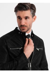 Ombre Clothing - Kurtka męska biker ze stójką w stylu retro – czarna V2. Typ kołnierza: kołnierzyk stójkowy. Kolor: czarny. Materiał: skóra, poliester, materiał. Styl: retro #2