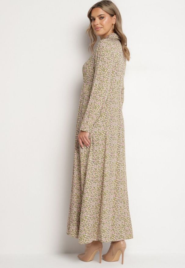 Born2be - Zielono-Beżowa Sukienka Perippe. Kolor: zielony. Wzór: nadruk, aplikacja, kolorowy, kwiaty. Typ sukienki: koszulowe, rozkloszowane. Długość: maxi