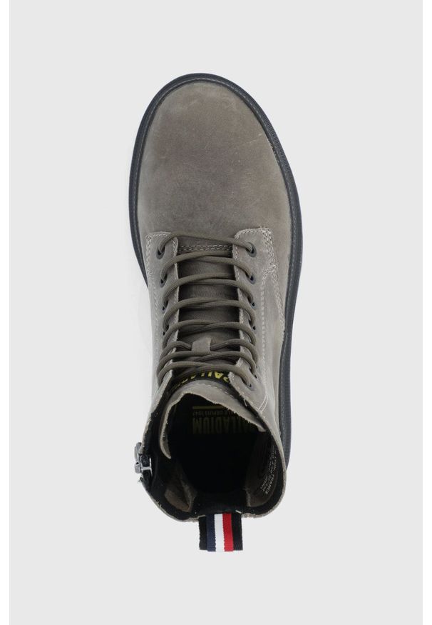 Palladium Workery skórzane damskie kolor szary na płaskim obcasie. Nosek buta: okrągły. Kolor: szary. Materiał: skóra. Obcas: na obcasie. Wysokość obcasa: niski
