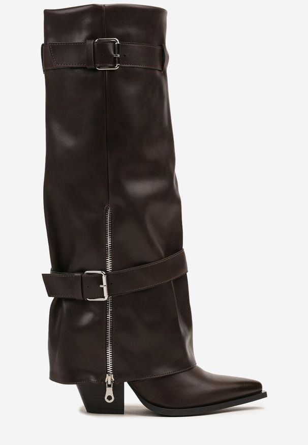 Born2be - Brązowe Kozaki na Stożkowym Obcasie z Wywiniętą Cholewką Klamrami i Suwakiem Ernenta. Okazja: na co dzień. Zapięcie: klamry. Kolor: brązowy. Szerokość cholewki: normalna. Obcas: na obcasie. Styl: casual, elegancki. Wysokość obcasa: średni