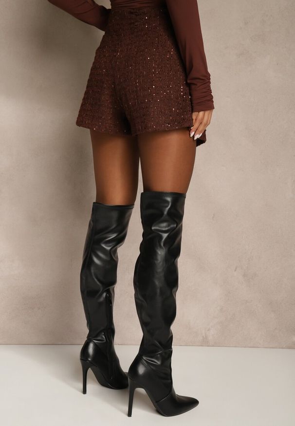 Renee - Brązowe Cekinowe Spódnico-Szorty z Wełną Fedalia. Okazja: na imprezę. Kolor: brązowy. Materiał: wełna. Wzór: aplikacja