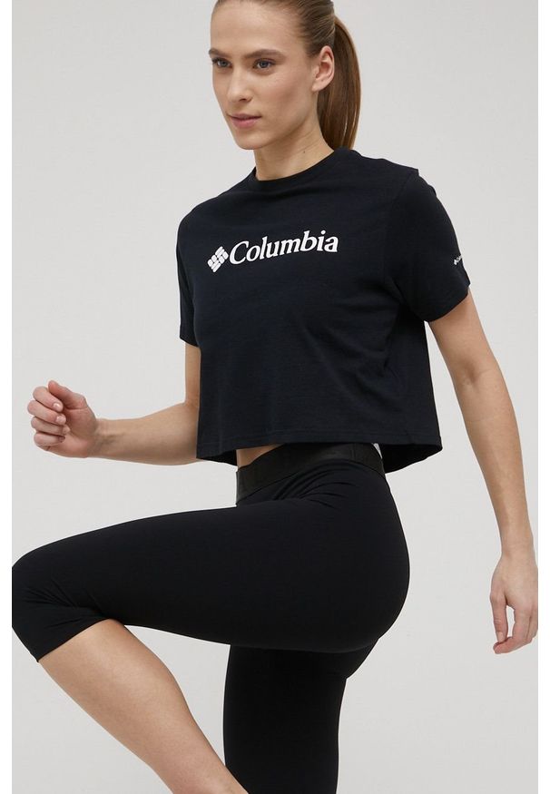 columbia - Columbia t-shirt damski kolor granatowy 1930051-012. Okazja: na co dzień. Kolor: niebieski. Materiał: dzianina. Długość rękawa: krótki rękaw. Długość: krótkie. Wzór: nadruk. Styl: casual