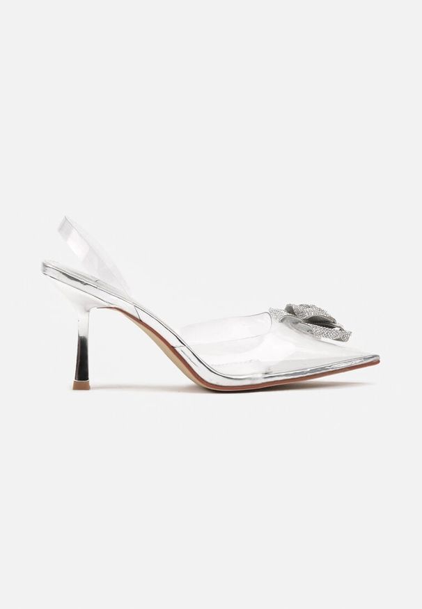 Born2be - Srebrne Czółenka z Transparentną Cholewką Ozdobione Kwiatem z Cyrkoniami Arfolina. Okazja: na spotkanie biznesowe. Kolor: srebrny. Szerokość cholewki: normalna. Wzór: aplikacja, kwiaty. Obcas: na obcasie. Styl: biznesowy, klasyczny, elegancki. Wysokość obcasa: średni