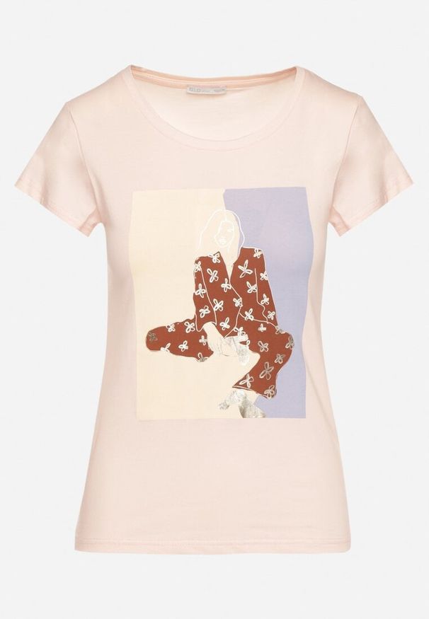 Born2be - Jasnoróżowy Bawełniany T-shirt z Ozdobnym Nadrukiem Setonisea. Okazja: na co dzień. Kolor: różowy. Materiał: bawełna. Wzór: nadruk. Styl: casual