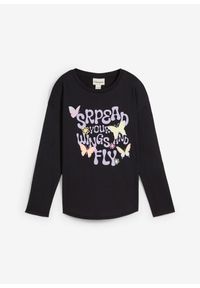 bonprix - Bluzka z długim rękawem z czystej bawełny organicznej. Kolor: czarny. Materiał: bawełna. Długość rękawa: długi rękaw. Długość: długie. Wzór: nadruk. Styl: elegancki #1