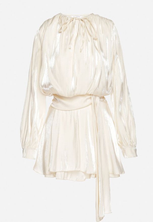 Born2be - Beżowa Wiskozowa Sukienka Ozdobiona Wiązaniem i Falbanką Rallio. Okazja: na imprezę, na co dzień. Typ kołnierza: kołnierz z falbankami. Kolor: beżowy. Materiał: wiskoza. Wzór: aplikacja. Typ sukienki: proste. Styl: casual, elegancki